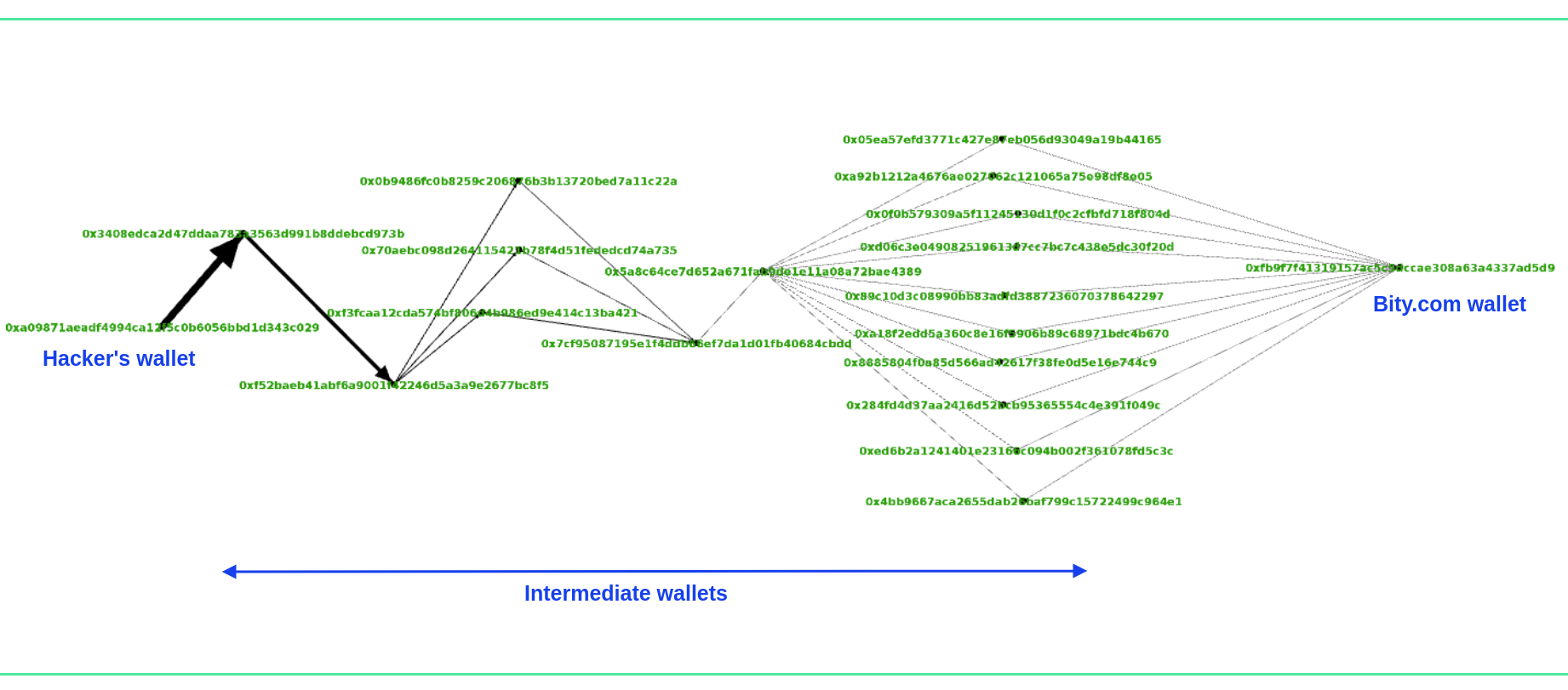 Graph view of hackers laundering funds to Bity.com (created using Gephi)