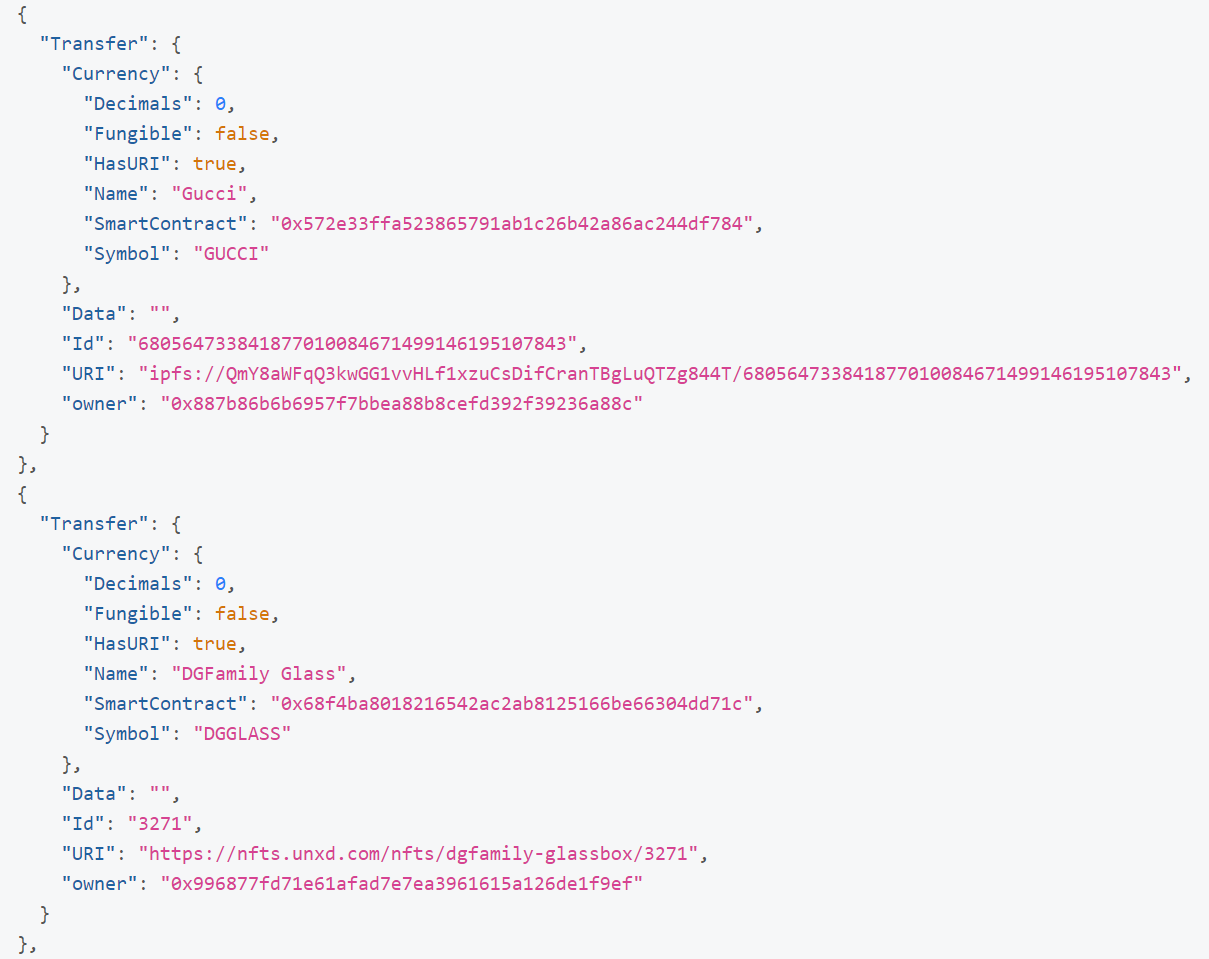 Output of Query which shows NFT metadata