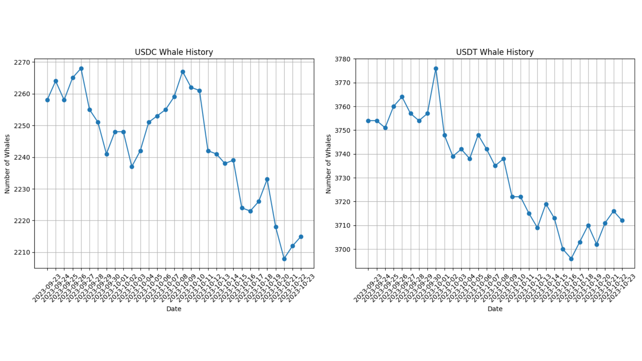 Graph of Number of USDC and USDT whales from Sep 23 to Oct 23, 2023