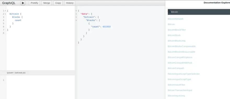 GraphQL playground with Query showing Bitcoin Block Count